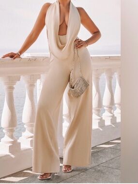 PrettyLittleThing Cream Cowl-Neck Wide-Leg Halter Jumpsuit